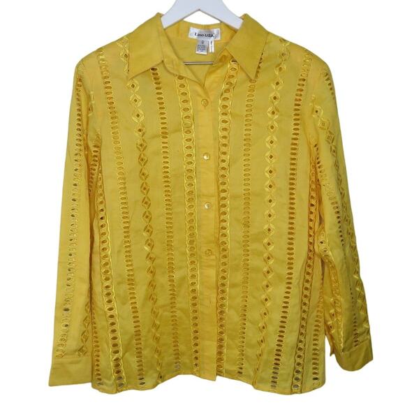 Yellow Linen Eyelet Button Up Long Sleeve Shirt - Women's Small - Picture 1 of 6